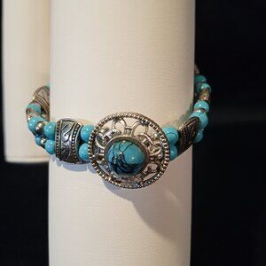 Southwestern Silvertone Simulated Cabachon Turquoise Stone Beaded Bracelet